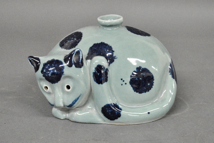 Appraisal: - Chinese blue glazed ceramic seated cat lantern h x