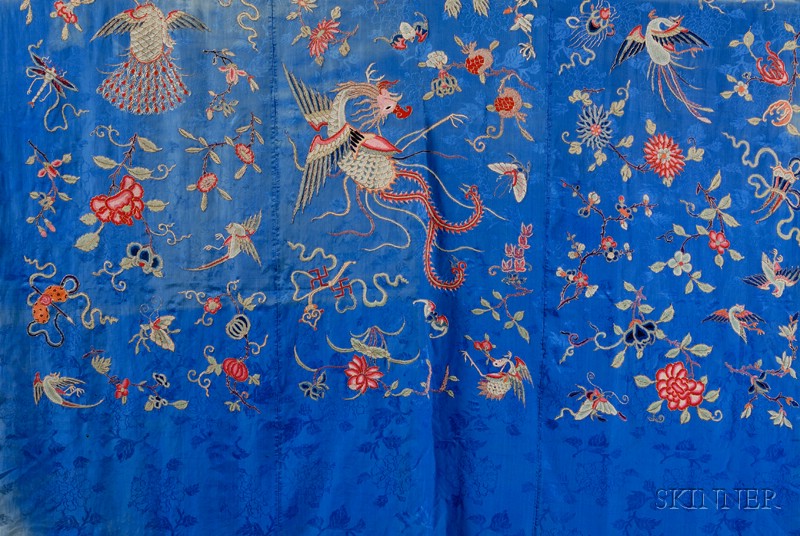 Appraisal: Embroidered Silk Panel China th century brocade with phoenixes insects