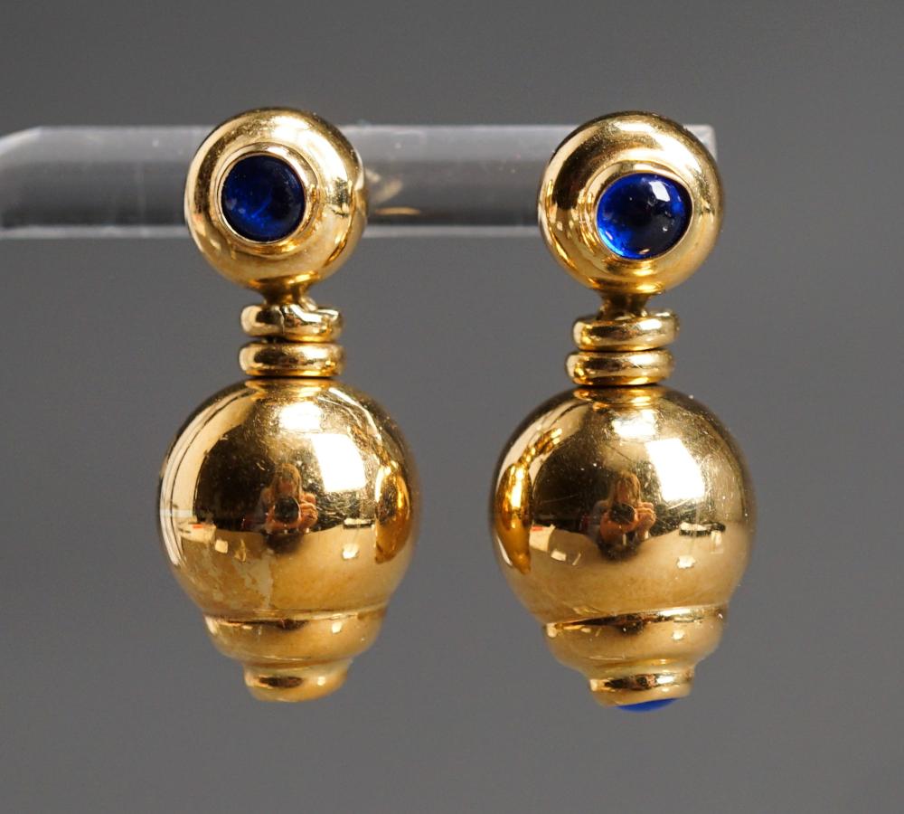 Appraisal: Pair of -Karat Yellow-Gold and Simulated Sapphire Pendant Pierced Earrings