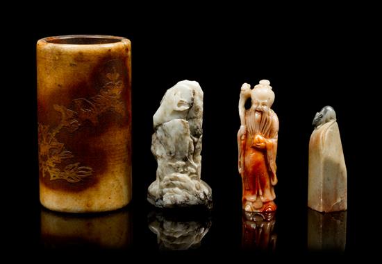 Appraisal: Sale Lot Four Chinese Carved Soapstone Decorative Articles comprising a