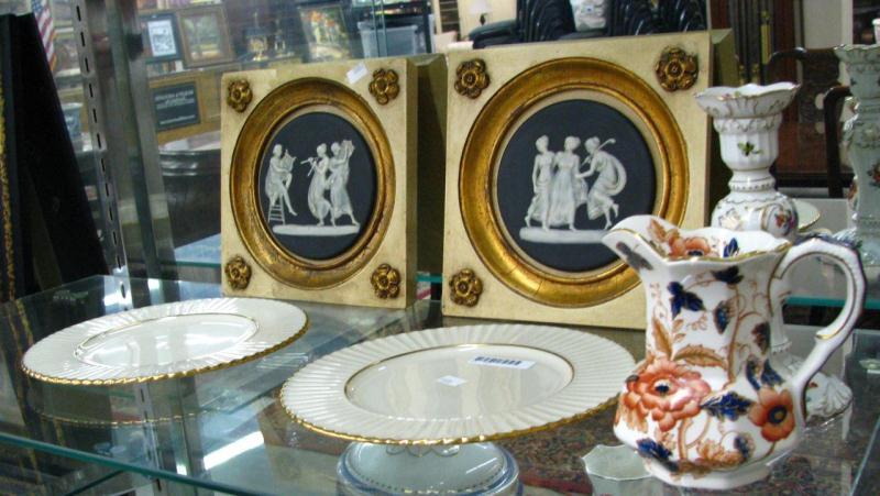 Appraisal: Two Lenox Plates Two Wedgwood Plaques Wedgwood Pitcher Dresden Candlestick