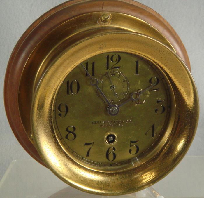 Appraisal: Chelsea brass ships clock dial winds runs mahogany backplate s