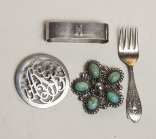 Appraisal: Sterling Silver Sterl and Turquois Pin Monogram Pin Baby Fork