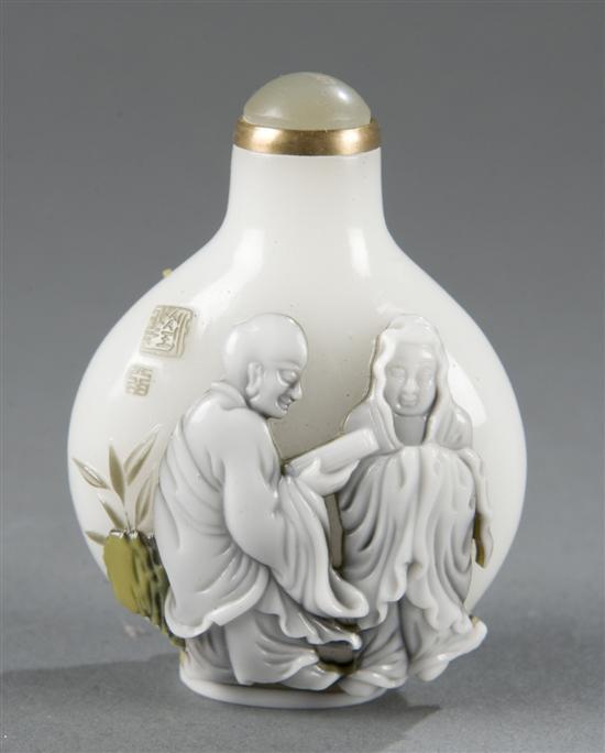 Appraisal: Chinese white crystal agate snuff bottle Decorated with intricate figures