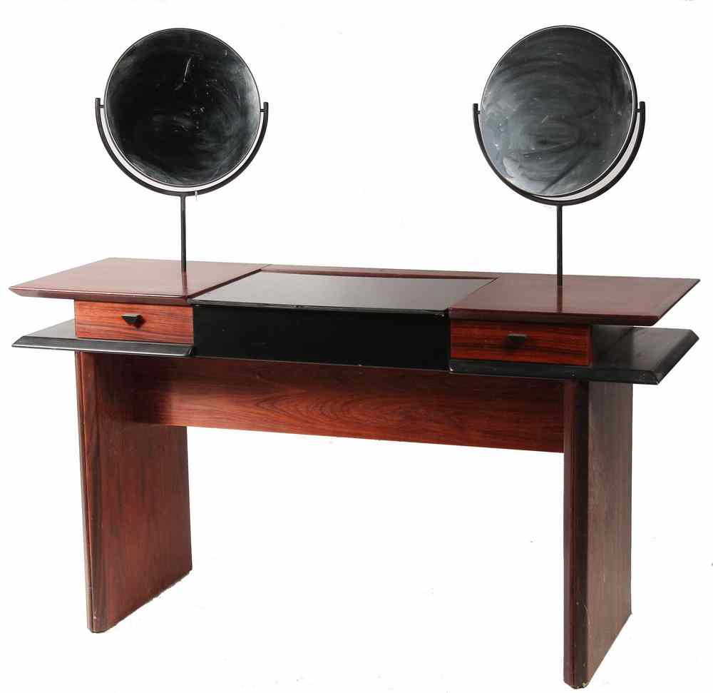 Appraisal: VANITY - Stylized modern rosewood veneer black lacquer vanity drawers