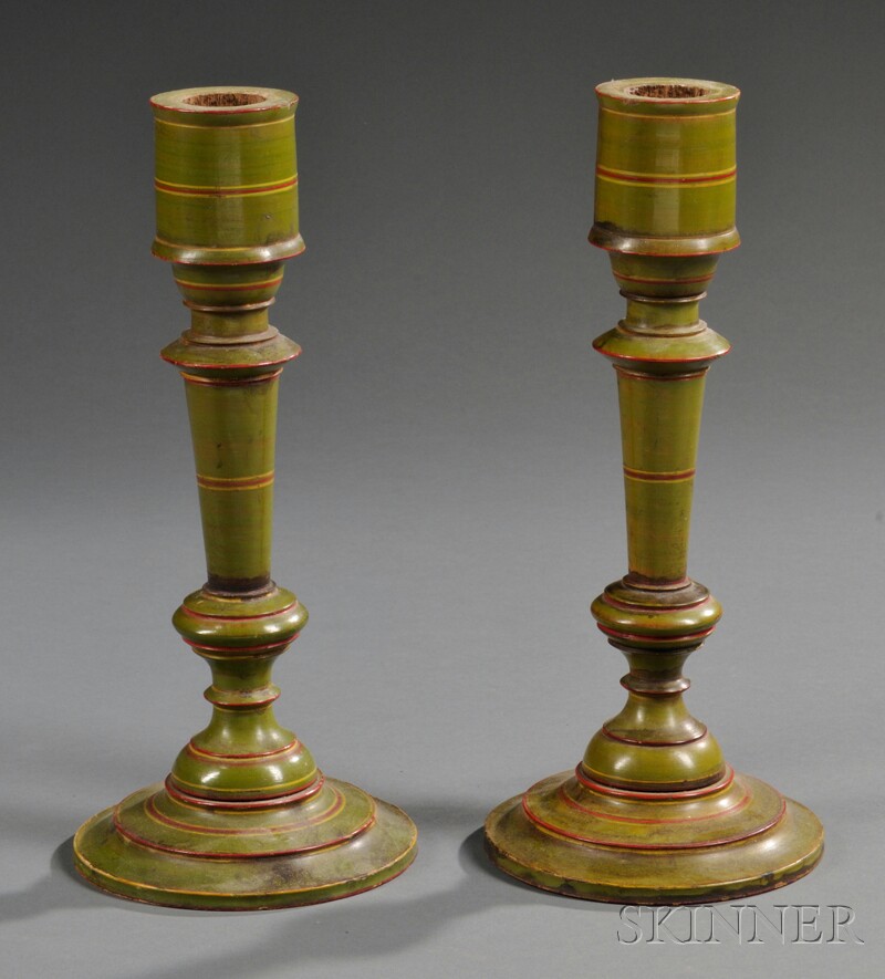 Appraisal: Pair of Green-painted Turned Wood Candlesticks probably northern Europe th