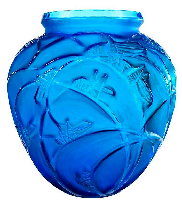 Appraisal: R Lalique Sauterelles Style Blue Glass Vase model introduced in