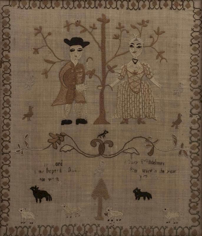 Appraisal: th c Needlework Framed th c needlework depicting a couple