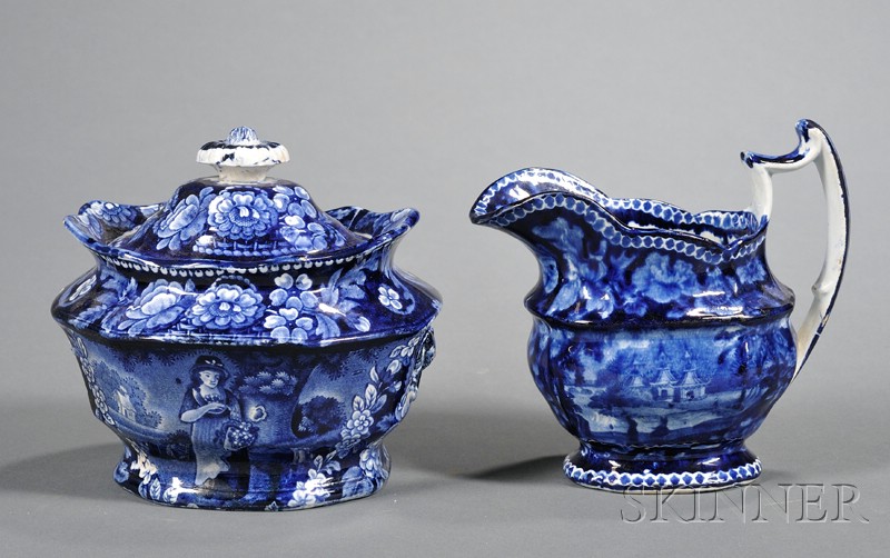 Appraisal: Blue Transfer-decorated Staffordshire Pottery Creamer and Sugar Bowl England early