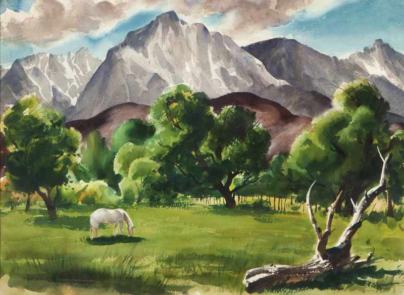 Appraisal: 'Mountain Pasture'' white horse grazing in a mountain pasture watercolor