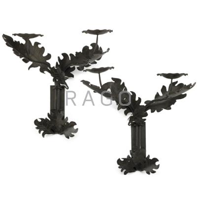 Appraisal: WROUGHT IRON Pair of oak leaf sconces th c Unmarked