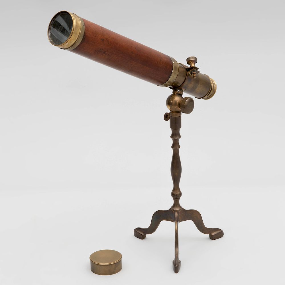 Appraisal: George III Brass and Mahogany Three-Drawer Telescope on Tripod Stand