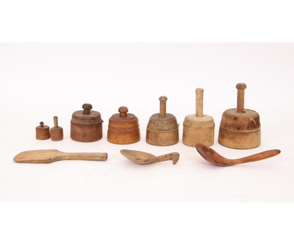 Appraisal: Seven wooden butter pats together with two spoons and a