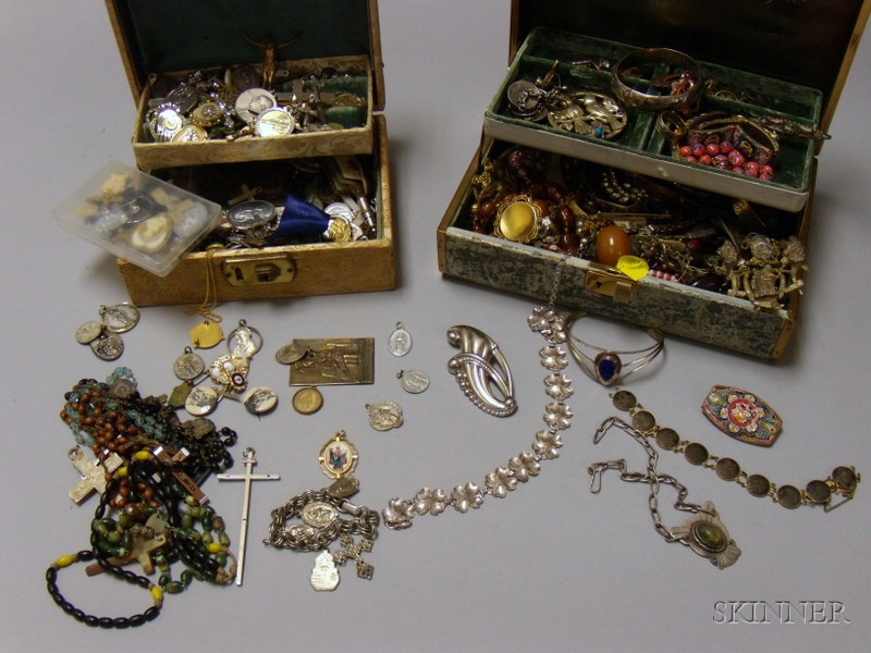 Appraisal: Two Jewelry Boxes of Assorted Costume Religious and Tourist Jewelry