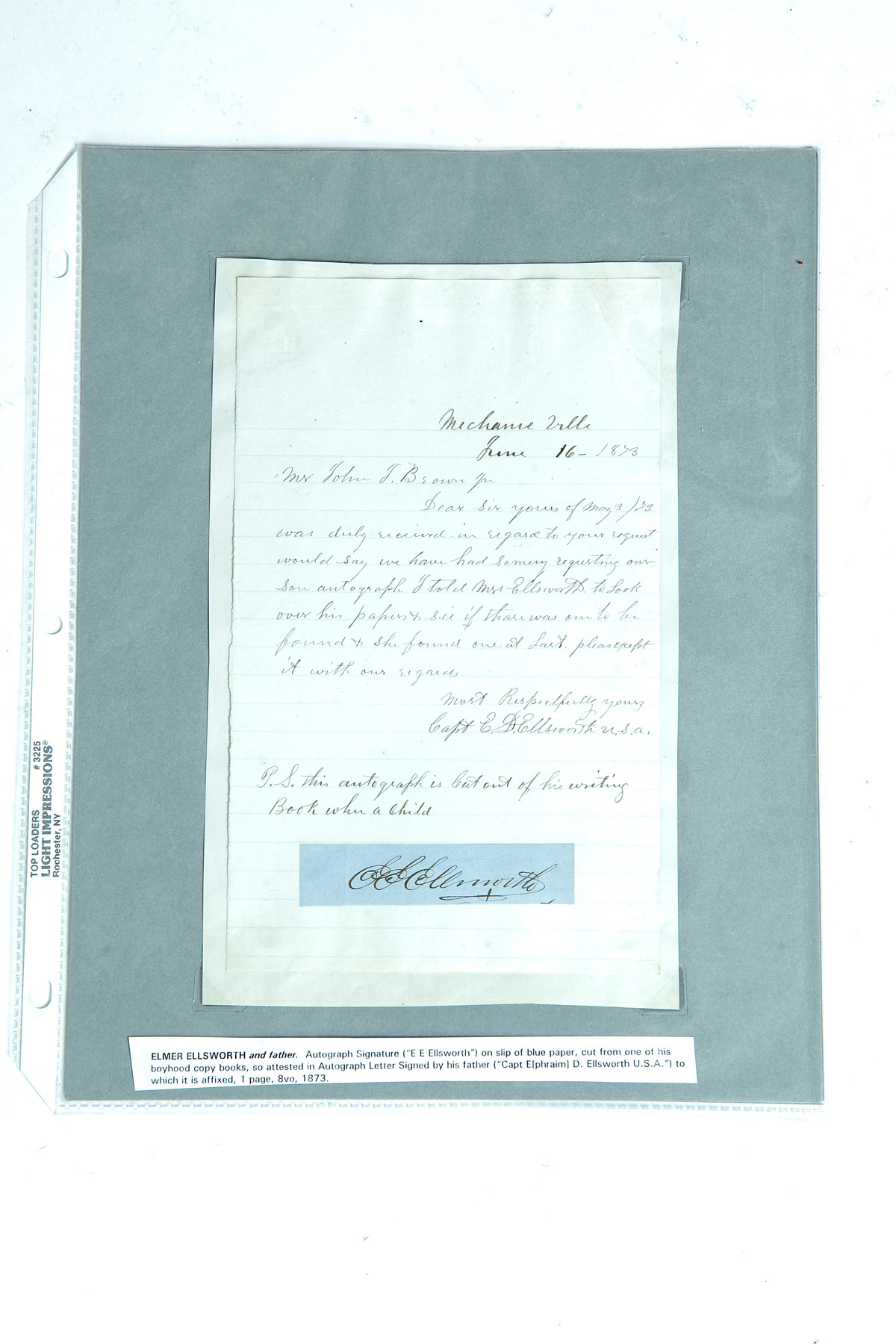 Appraisal: AUTOGRAPH OF COLONEL ELLSWORTH PROVIDED BY HIS FATHER Dated Mechanicsville