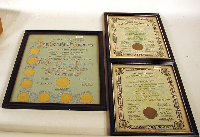 Appraisal: Lot consists of three framed certificates given by the Boy