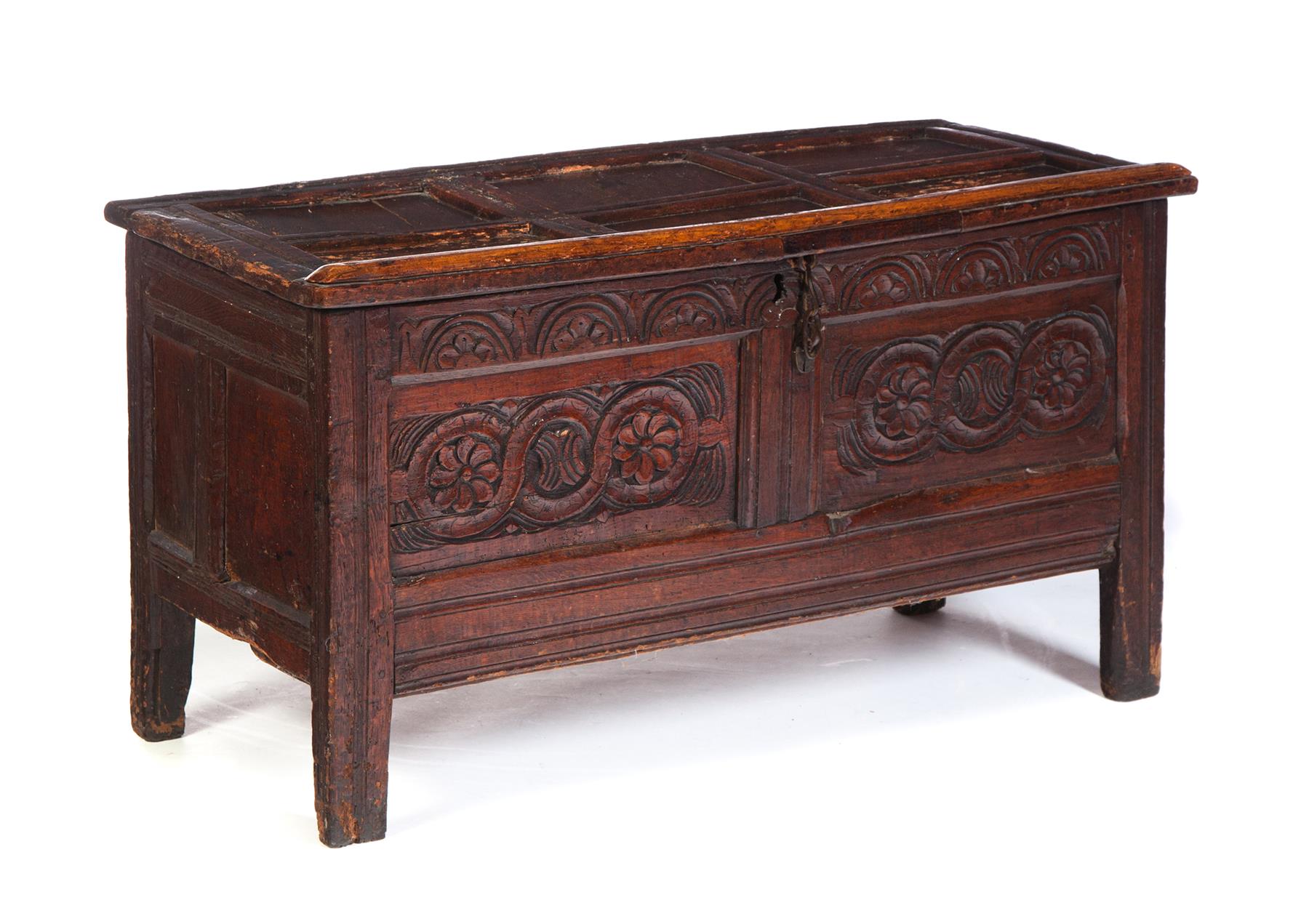 Appraisal: ENGLISH COFFER CHEST Seventeenth- th century oak Paneled top and