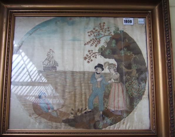 Appraisal: An embroidered silk picture of a seaview early th century