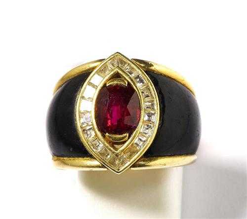 Appraisal: RUBY DIAMOND AND WOOD RING P CLARD Yellow gold Casual-elegant