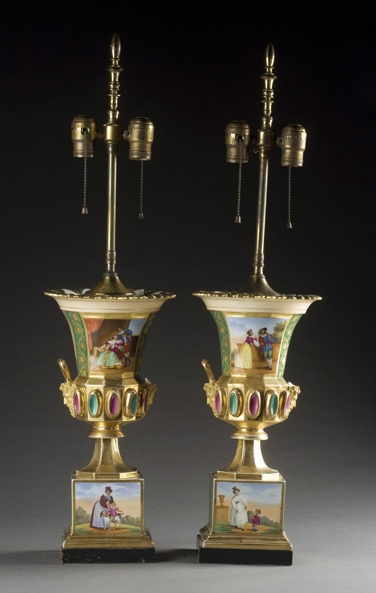 Appraisal: PAIR OF CONTINENTAL PORCELAIN CAMPANA-FORM URNS NOW MOUNTED AS LAMPS