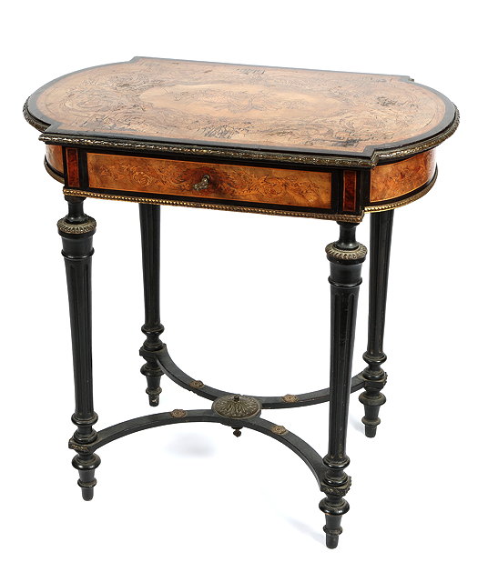 Appraisal: A TH CENTURY FRENCH WALNUT WORK TABLE the marquetry shaped