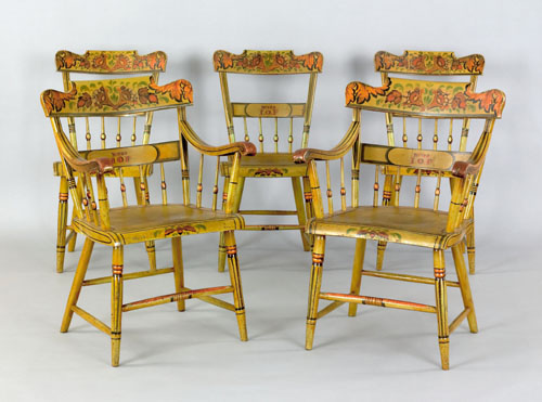 Appraisal: Set of fourteen Pennsylvania painted plank seat lodge chairs mid