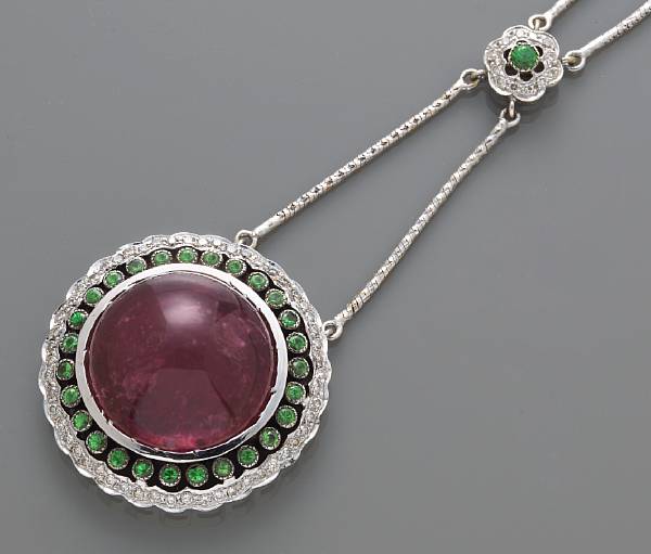 Appraisal: A pink tourmaline tsavorite garnet and diamond necklace tourmaline weighing