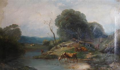 Appraisal: CONTINENTAL SCHOOL th century LANDSCAPE WITH COWS BY A STREAM