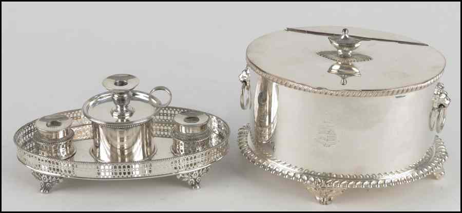 Appraisal: ENGLISH SHEFFIELD SILVERPLATE DOUBLE INKWELL Together with an English Sheffield