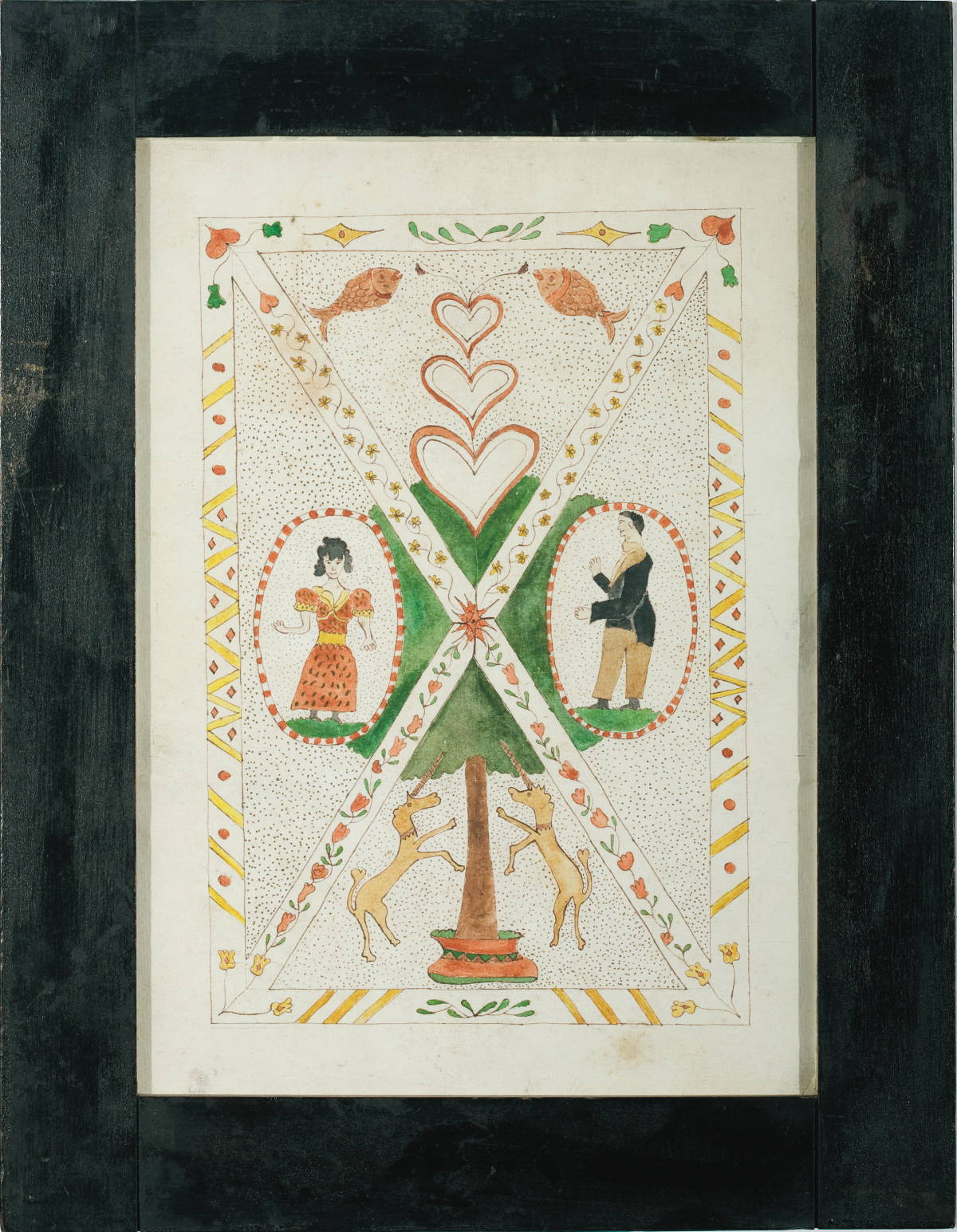 Appraisal: PENNSYLVANIA WATERCOLOR FRAKTUR DRAWING DEPICTING A MARRIAGE PROPOSAL Depicting two