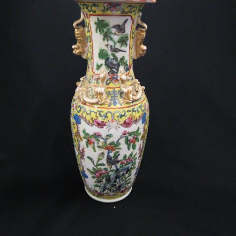 Appraisal: Chinese Famille Rose Style Porcelain Vase bird florals applied serpents