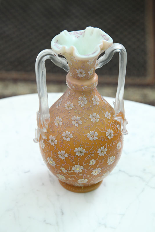 Appraisal: ART GLASS VASE English possibly Webb Light orange with enameled