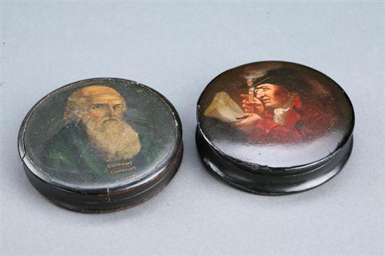 Appraisal: TWO DECORATED SNUFF BOXES Both European th century lacquered papier