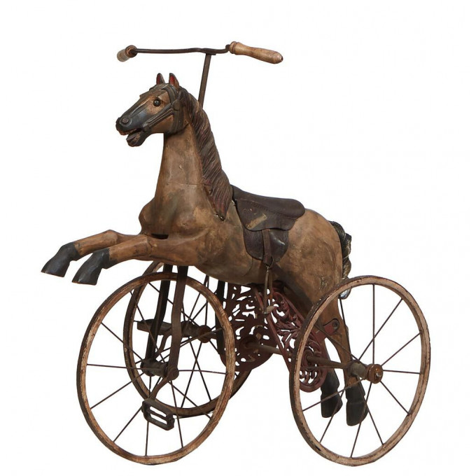 Appraisal: Unusual Carved Wooden Horse Tricycle th c with a leather