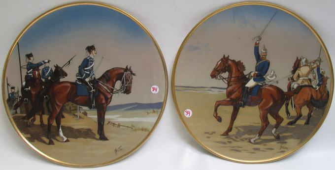 Appraisal: TWO METTLACH ETCHED POTTERY PLAQUES the first Four Kurassiers on