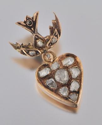 Appraisal: A Georgian-Style Bird and Heart Diamond Pendant Unmarked rose gold