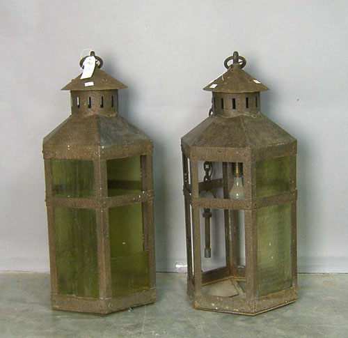 Appraisal: Pair massive arts crafts hammered copper lanterns ca h Provenance