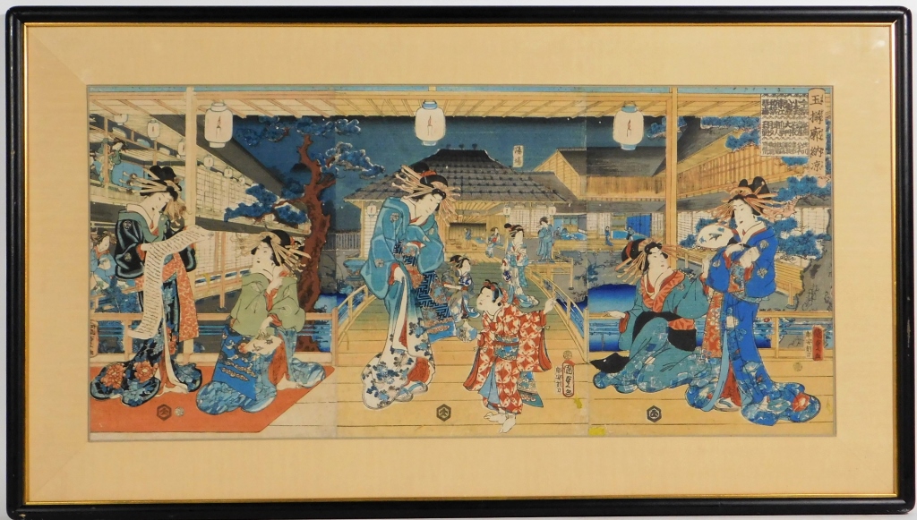 Appraisal: C JAPANESE TRIPTYCH WOODBLOCK OF ROYAL COURTYARD Japan th CenturyPanoramic