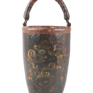 Appraisal: An English Polychrome Decorated Leather Fire Bucket th Century Overall