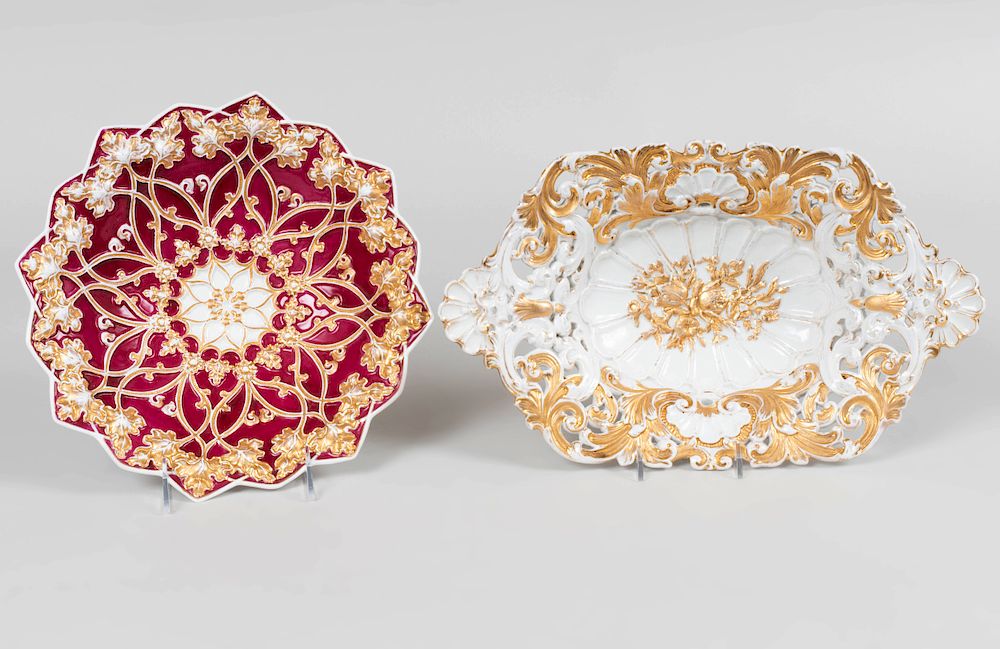 Appraisal: Two Meissen Porcelain Gilt Decorated Dishes Each with blue crossed