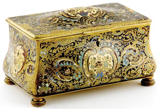 Appraisal: French champleve enamel jewelry box early th century bombe form