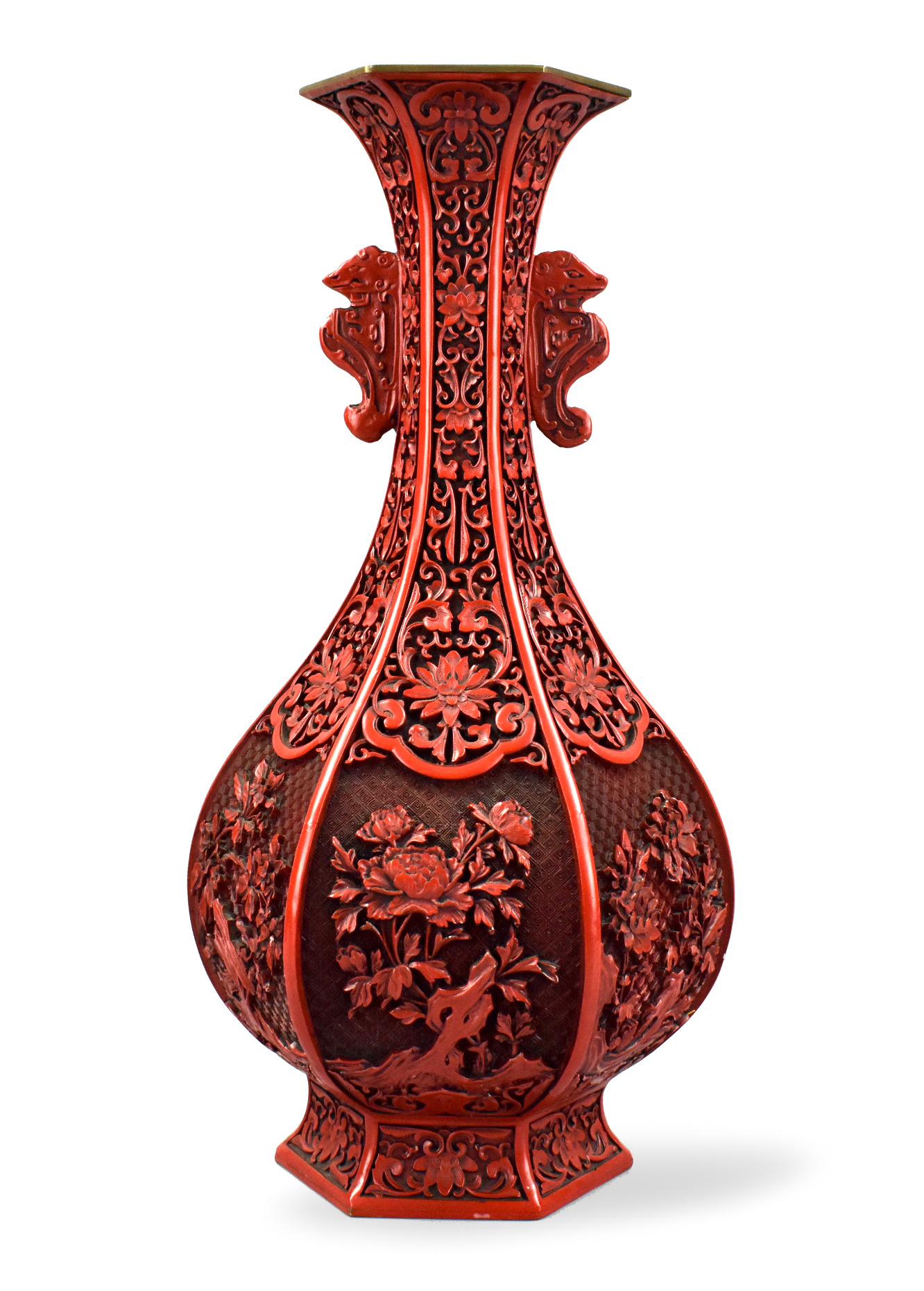 Appraisal: A large Chinese red carved six sided lacquer ware vase