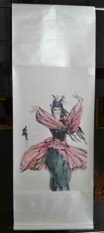 Appraisal: Chinese Silk Scroll Painting signed Huang ZhouWatercolor scroll painting mounted