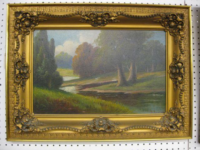 Appraisal: Victorian Oil on Canvas spring landscape with stream elaborate frame