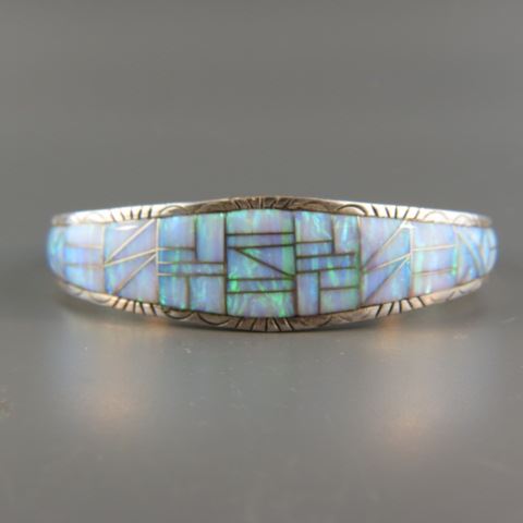 Appraisal: Opal Sterling Silver Cuff Bracelet fiery lab created gems in