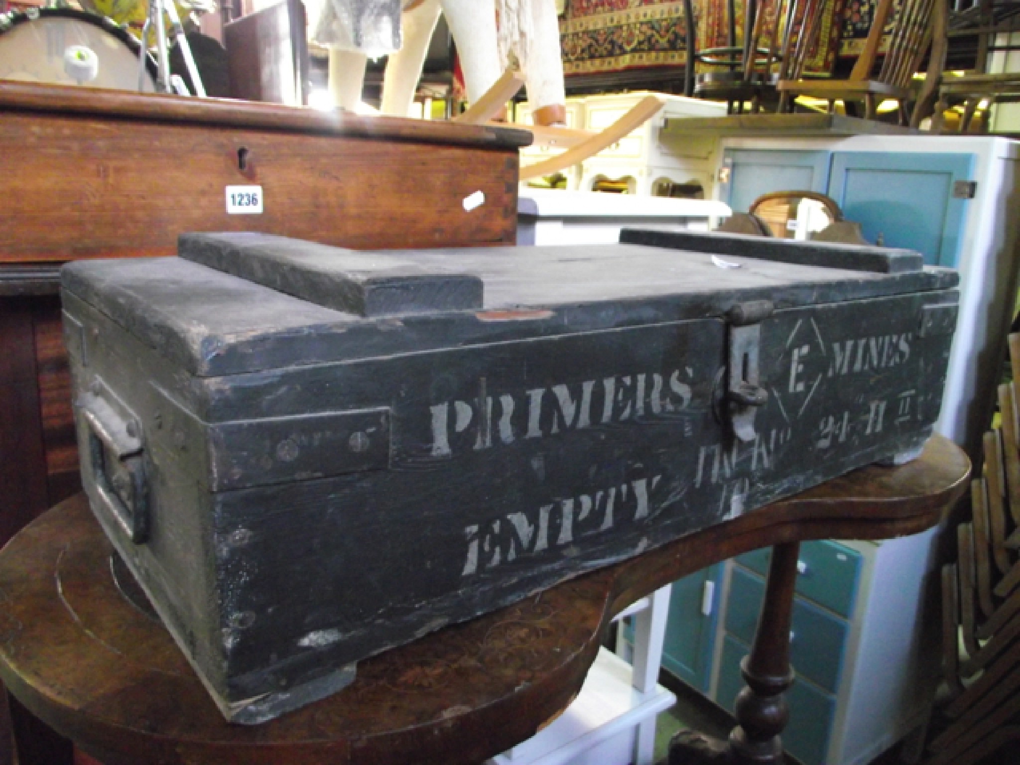 Appraisal: An ex-military box with stencilled detail primers mines together with