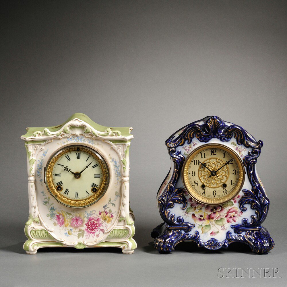 Appraisal: Ansonia and Waterbury China Clocks Ansonia Royal Bonn La Barque