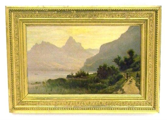 Appraisal: Oil on canvas view of Alps fishing boat in lake