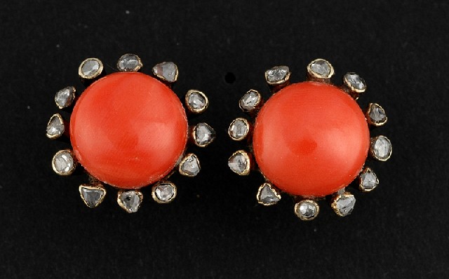 Appraisal: A PAIR OF ANTIQUE CORAL AND DIAMOND CLUSTER EARRINGS The