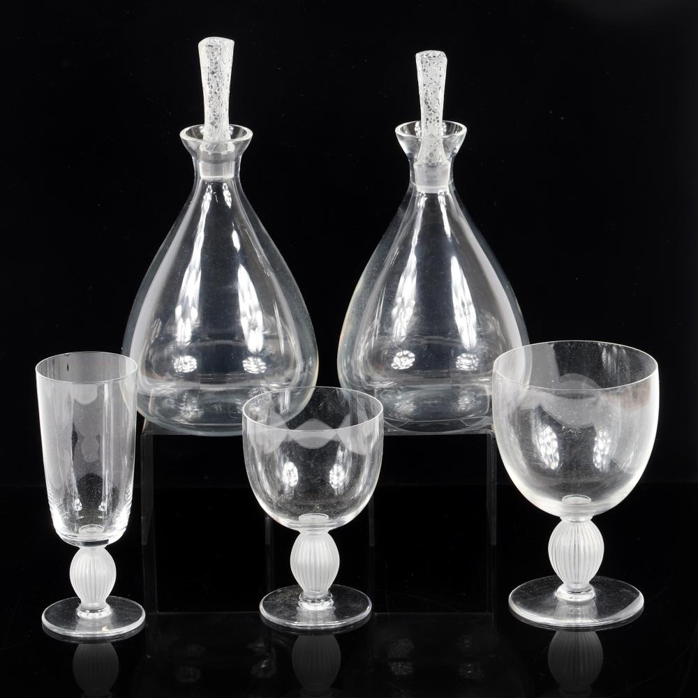 Appraisal: LALIQUE FRANCE PAIR CRYSTAL 'PHALSBOURG' DECANTERS AND THREE 'LANGEAIS' STEMS